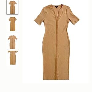 7 For All Mankind- Bodycon Ribbed Short Sleeve MIDI Dress, S, Tan